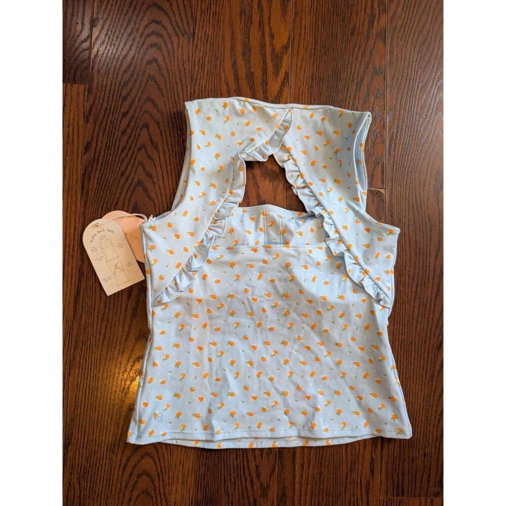 Blogilates Women's Ruffle Back Tank Top Blue Citrus Print Cottagecore M Summer